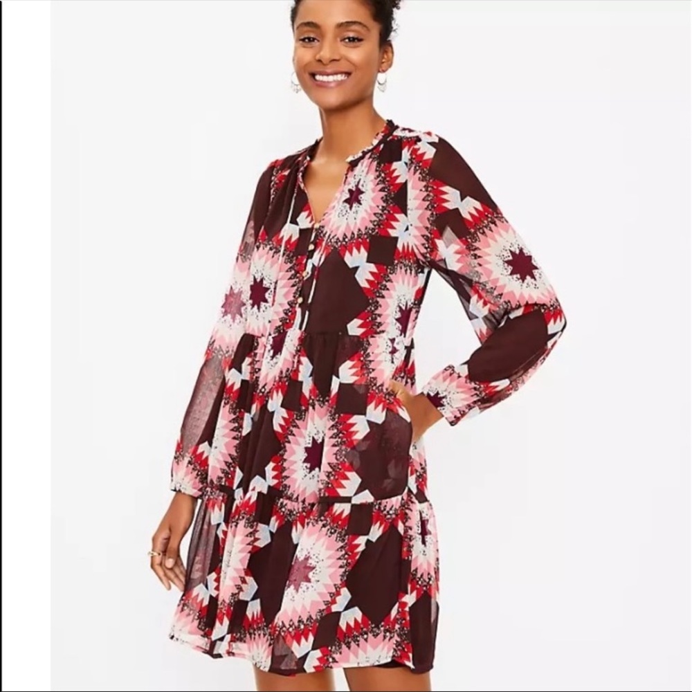 Loft patchwork tie neck pocket dress  size M